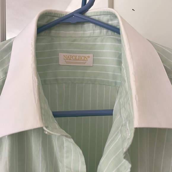 Large (17/43) light green button down with white pinstriping, cuffs, and collar. - Picture 7 of 7